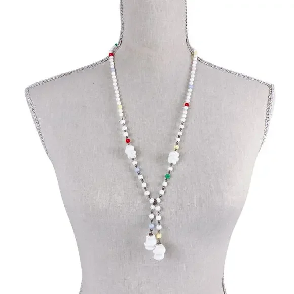 Vintage Milk Glass Lariat Necklace Long Knotted Beaded Y Drop Fun Folk Art Style - Picture 3 of 13